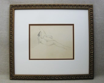 Framed Vintage Portrait Female Nude Drawing Original Fine Art