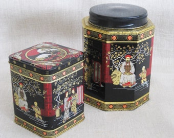 Vintage Tea Tins Asian Style Candy Box Black and Red Kitchen Storage and Organization