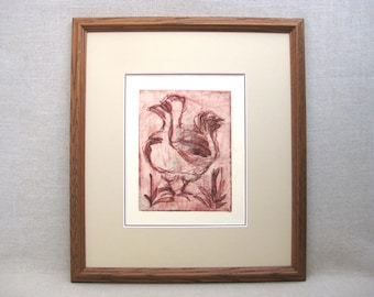 Mid-Century Rooster Art Engraving, Framed Original Print, Rustic Cabin Wall Art Farm Home Décor Housewarming Gift