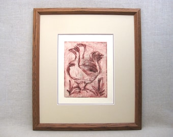 Vintage Rooster Art Engraving Framed Original Fine Art Prints, Rustic Cabin and Farm Décor