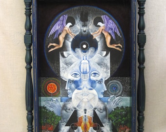 Vintage Religious Painting on Wood Panel, Raimundo Martin Original Fine Art Construction, Latin American, Spiritual