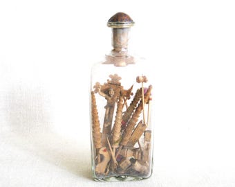 Outsider Folk Art Bottle Whimsey Sculpture, Antique Religious Tramp Art, Outsider Cross Wood Carving Housewarming Gift