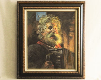 European Male Portrait Painting, Original Framed Wall Art Large Musical Men with Beards Masculine Housewarming Gift