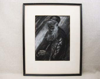 Male Portrait Jewish Rabbi, Fine Art Drawing Original, Framed Charcoal Vintage Wall Art Judaica Home Décor