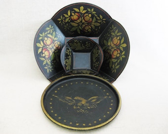 Vintage Folk Art Style Toleware Bowls and Tray Hand Painted Black and Gold