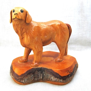 Folk Art Dog Carving Wooden Sculpture, Golden Retriever, Signed Krueger, Animal Lover Housewarming Gift