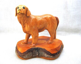 Folk Art Dog Carving Wooden Sculpture, Golden Retriever, Signed Krueger, Animal Lover Housewarming Gift