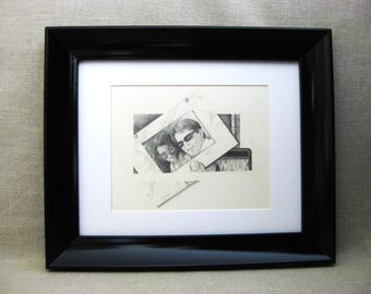 Male Portrait Drawing Original Framed Vintage Hyper Realism Graphite on Paper