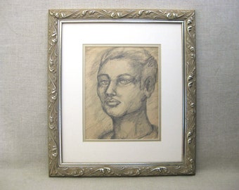 Mid-Century Female Portrait Drawing, Framed Original Feminine Home Décor