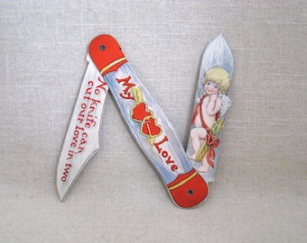Antique Valentines Day Card, Pocket Knife Die Cut, Vintage Beistle Style Greeting Cards of Love
