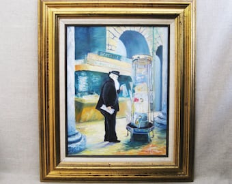Jewish Male Portrait Painting, Framed Original Vintage Urban Landscape Wall Art Home Décor