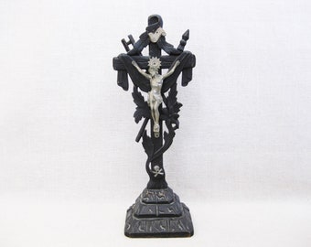 European Standing Crucifix, Jesus on Cross, Antique Religious Folk Art Home Altar Décor