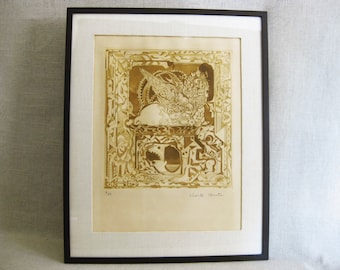 Surreal Abstract Etching, Framed Original Fine Art, Vicente Brito, Vintage Mid-Century