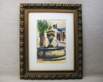 Vintage Landscape Cityscape Watercolor Painting, Framed Original Fine Art