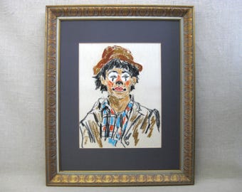 Mid-Century Male Portrait Vintage Clown Drawing Original Framed Wall Art Large Modern Home Décor