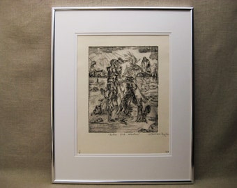 Surreal Male Portrait Engraving, Framed Original Vintage Fine Art Print Dark and Moody Wall Décor