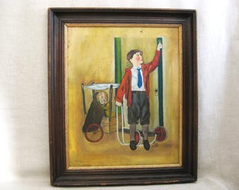Large Boy and Dog Male Portrait Oil Painting, Original Antique Framed Fine Art