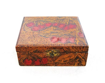 Vintage Folk Art Wooden Box Pyrography Cherry Theme Flemish Art Storage and Organization Rustic Cabin Tramp Art Style