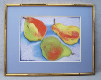 Vintage Fruit Still Life Original Pear Drawing in Pastels Framed Original Traditional Fine Art