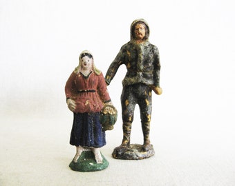 Vintage Male Figurine and Female Portrait Statue Antique Papier-mâché Toy Christmas Village People