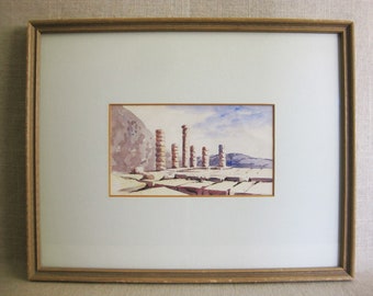 Architectural Original Landscape Painting, Island of Crete Watercolor Vintage Framed Wall Art Home Décor Travel Gift