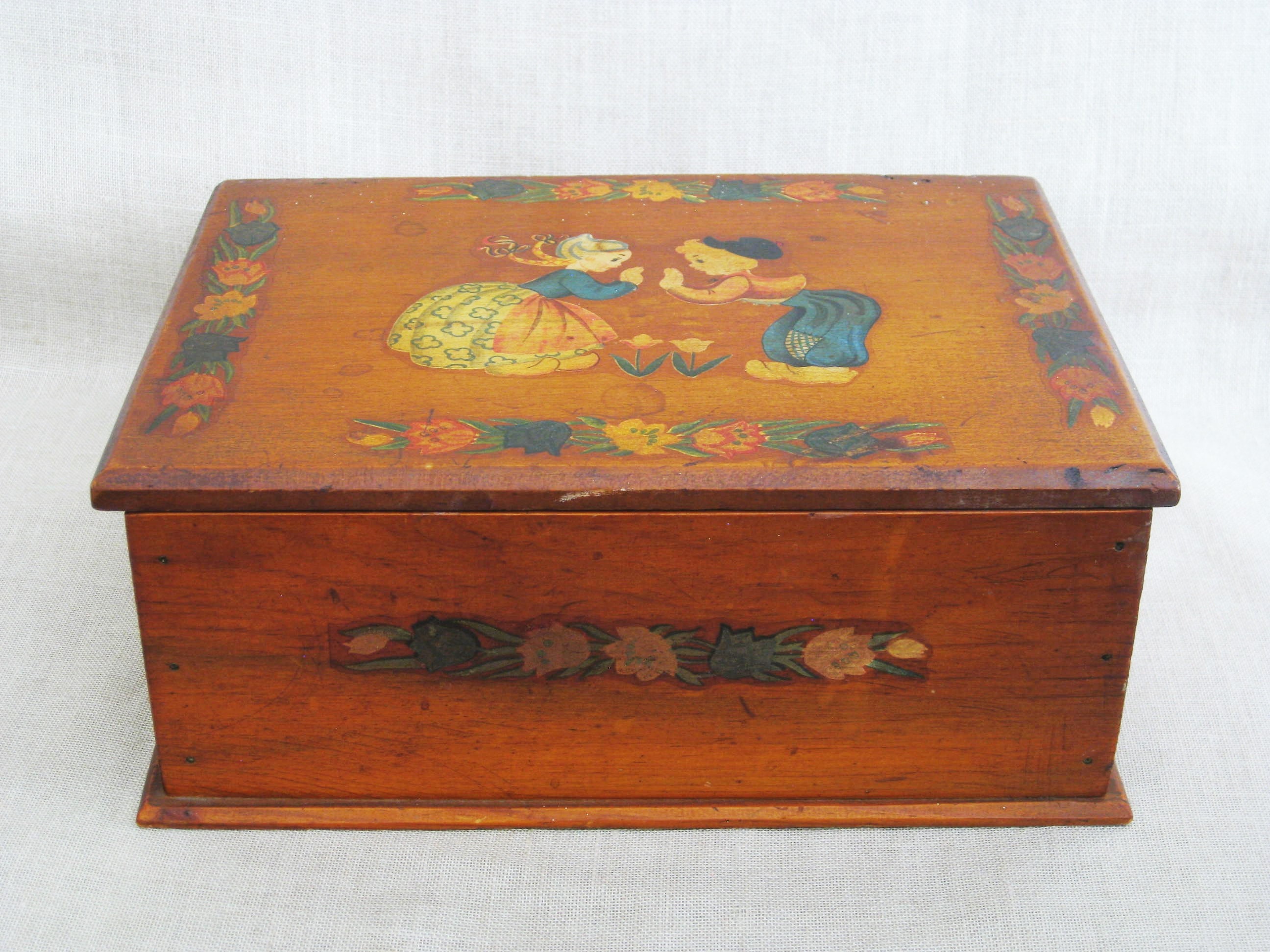 Vintage Wooden Box, Folk Art Style, Dutch Couple, Desk Top Storage and Organization