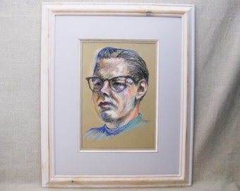 Vintage Male Portrait Drawing Framed Mid-Century Original Fine Art Man in Glasses by Hilda Bourgeois Daly