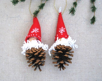 Folk Art Gnome Pinecone Christmas Ornament Holiday Tree Decoration Woodland Elves Mantle and Wreath Hostess Gift