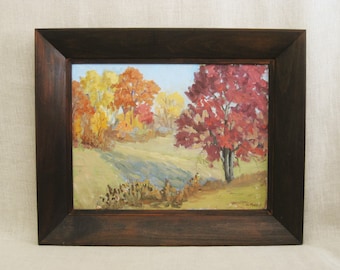 Framed Fall Landscape Painting, Original Vintage Wall Art, Woodland Rustic Cabin Home Décor