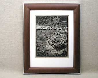 Ocean Landscape, Ship at Sea Woodcut Fine Art Print, FV Poole Framed Original Vintage Fine Art Prints
