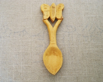 Rustic Carved Folk Art Loving Spoon, Vintage Welsh Wooden Butterfly Design Wedding 5th Anniversary Gift
