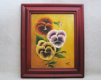 Floral Still Life Pansy Painting, Framed Original Vintage Cottage Décor Gift for the Gardener