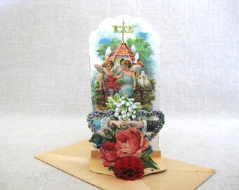 Vintage Pop-up Valentines Day Card Antique German Victorian Style Honeycomb Gift of Love