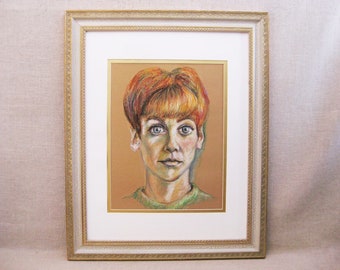 Cute Red Head Female Portrait Drawing, Original Ginger, Framed Mid-Century Wall Art Home Décor