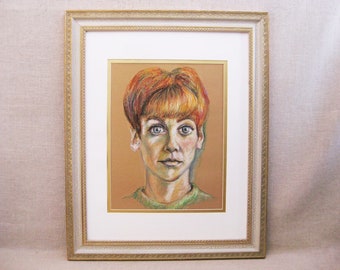 Vintage Female Portrait Drawing of Cute Red Head Ginger Mid-Century Framed Original Fine Art