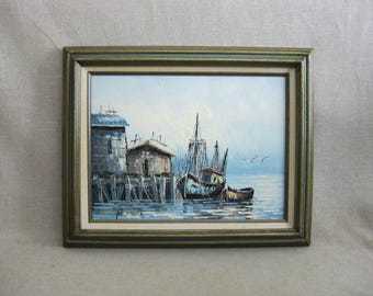 Vintage Harbor Landscape Painting Original Sailboat Framed Nautical Coastal Wall Art Beach House Décor