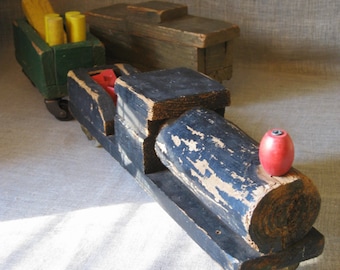 Folk Art Vintage Wooden Toy Train 2 Car and Engine Transportation Locomotive Rustic Primitive and Holiday Décor