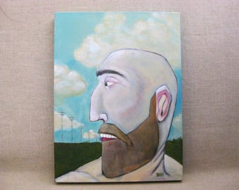 Bearded Masculine Male Portrait, Original Paintings of Men, Contemporary Wall Art Home Décor
