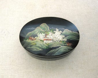 Japanese Black Lacquer Vintage Trinket Box, Asian Style Desk Storage and Vanity Organization Chinoiseries