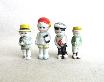 Vintage Bisque Penny Dolls Collection of 4 Ceramic Children, Miniatures, Marked Japan