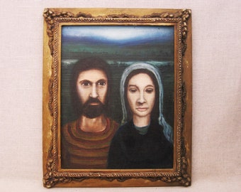 Vintage Male and Female Portrait Painting Folk Art Framed Religious Outsider Art Rev Joel D Hewlett African American Artist