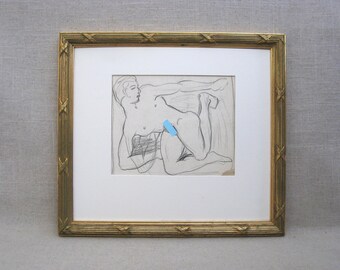 Original Male Nude Portrait Drawing, Framed Pencil Sketch, Mid-Century Wall Art