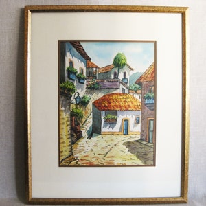 Latin American Landscape Watercolor Painting, Original Framed Wall Art, Cityscape Scene Mexico