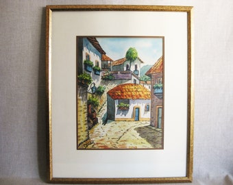 Latin American Landscape Watercolor Painting, Original Framed Wall Art, Cityscape Scene Mexico