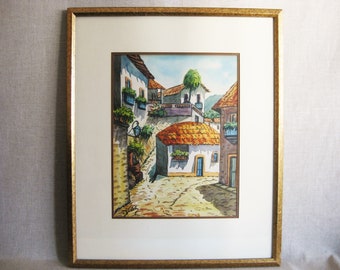 Vintage Landscape Watercolor Painting City Scene Mexico Framed Original Fine Art