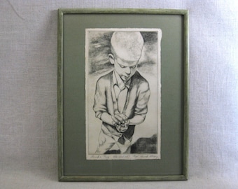 Mid-Century Figural Male Child Portrait Etching, Original Framed Wall Art, Kids Room and Nursery Décor