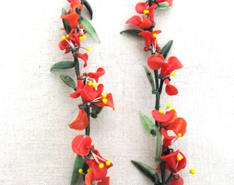 RESERVED - Vintage Red Glass Flowers on Silken Wire Stem, Artificial Millinery Arts and Craft Supplies
