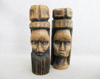 Vintage Portrait Carvings Male and Female Bust Figures Folk Art Sculpture Rustic Cabin Décor