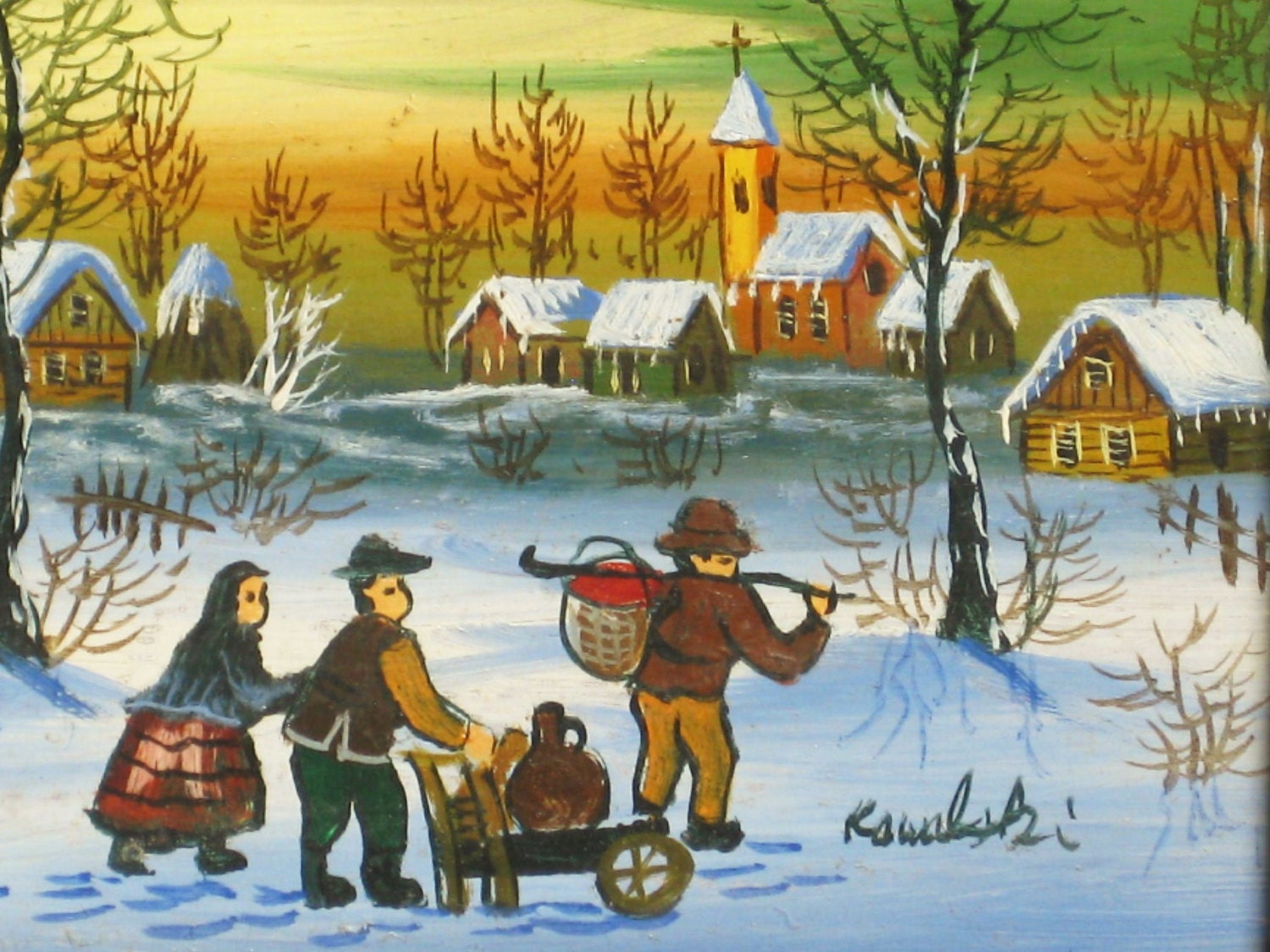 Winter Folk Art Landscape Painting Original Oil Signed Kowalski ...