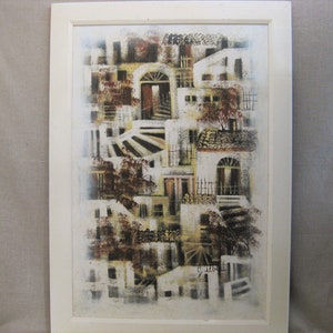 Large Mid-Century Architectural Landscape Painting, Original, Framed Wall Art Home Décor